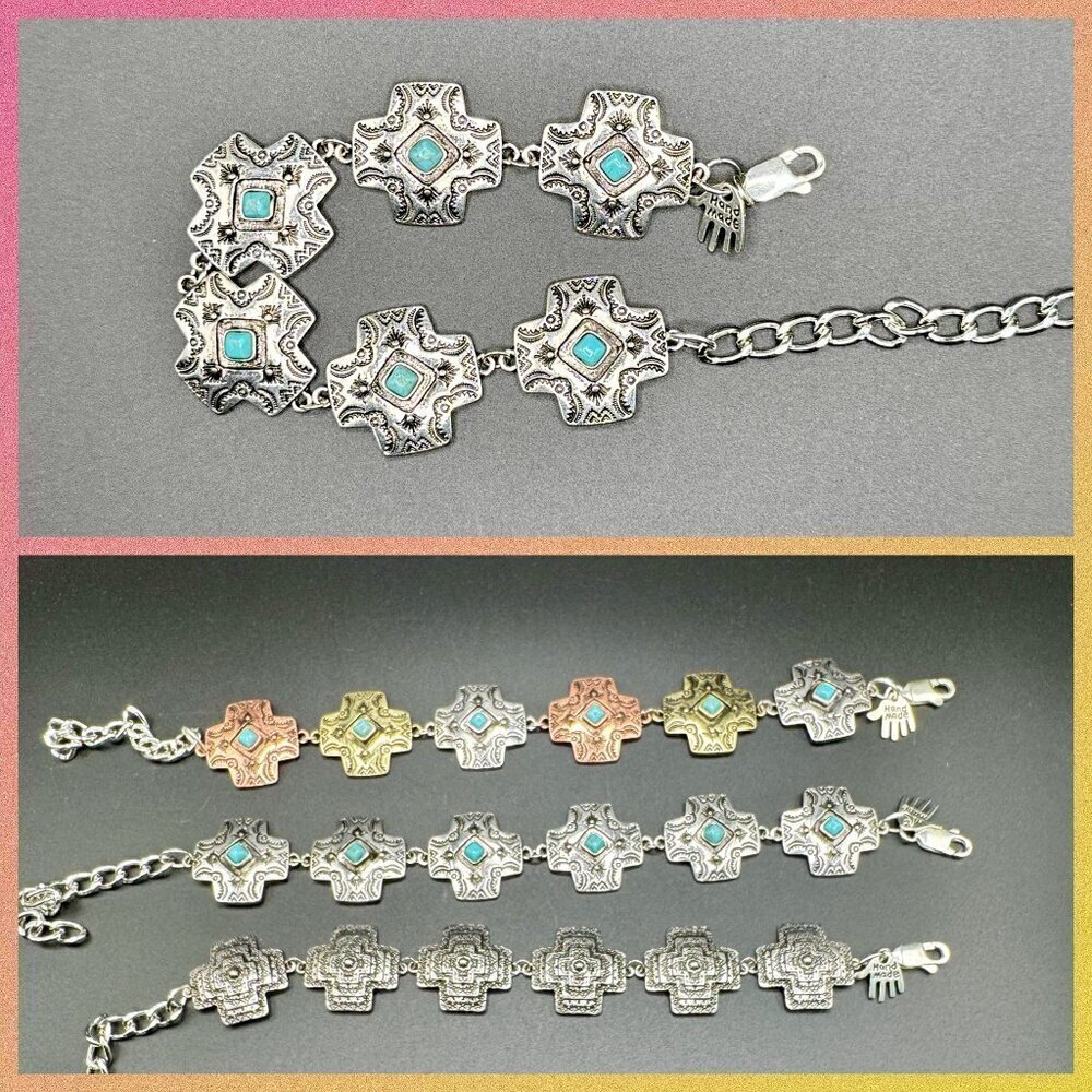 Faux Turquoise and Silver Tone Concho Chain Bracelet #1440